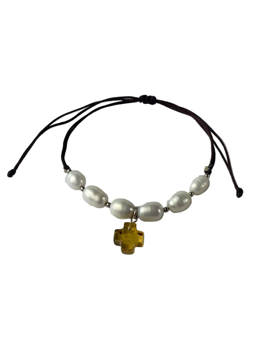 Pulsera Perla Cruz Ajustable