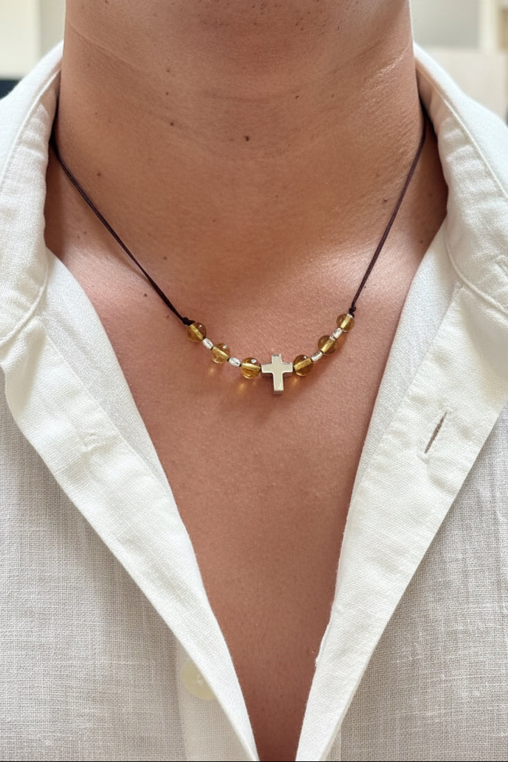 AMBER SPHERE CROSS NECKLACE